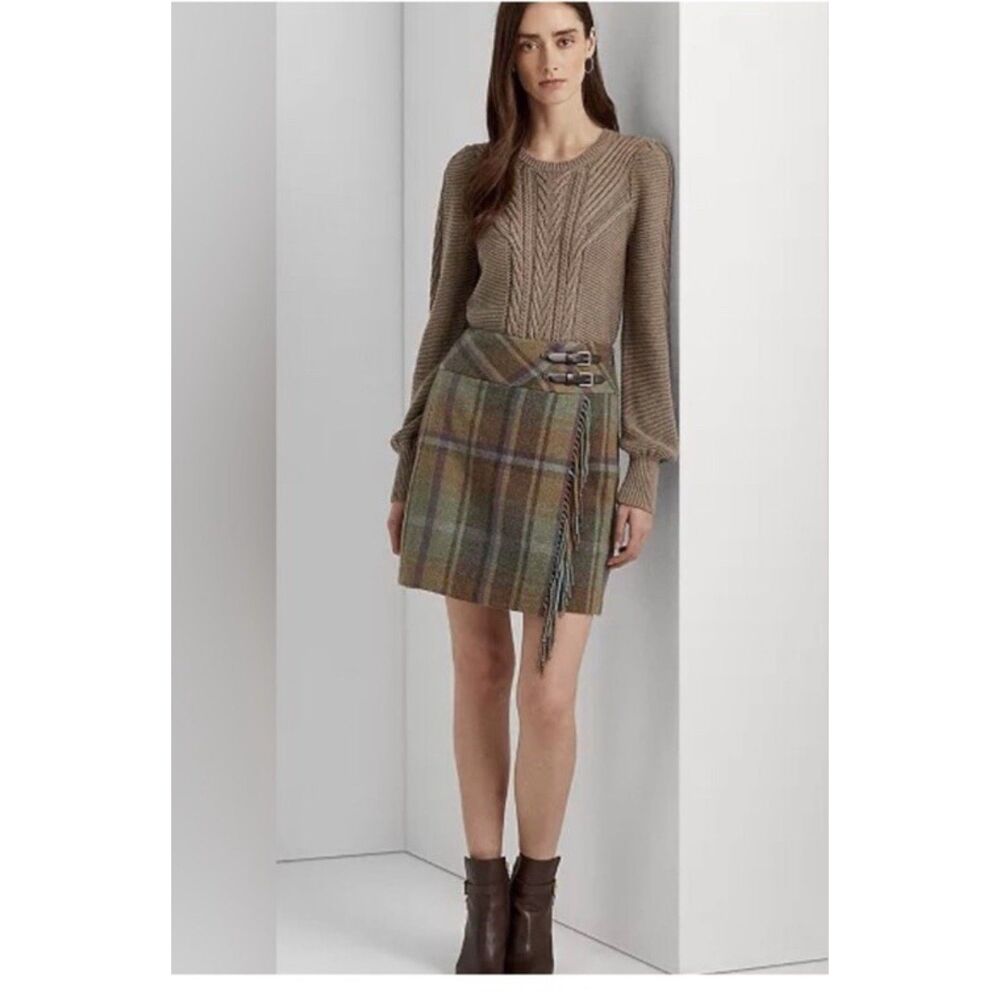 Faux Wrap Fringe Lauren Ralph Lauren Skirt Plaid Buckle Detail Black Label 12